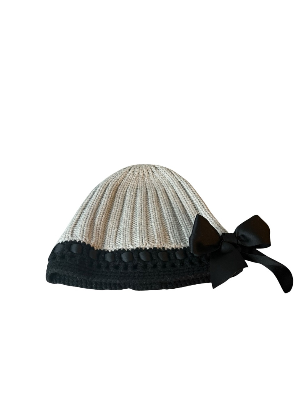 Milly Gray and Black Merino Wool Knit Satin Bow Beanie